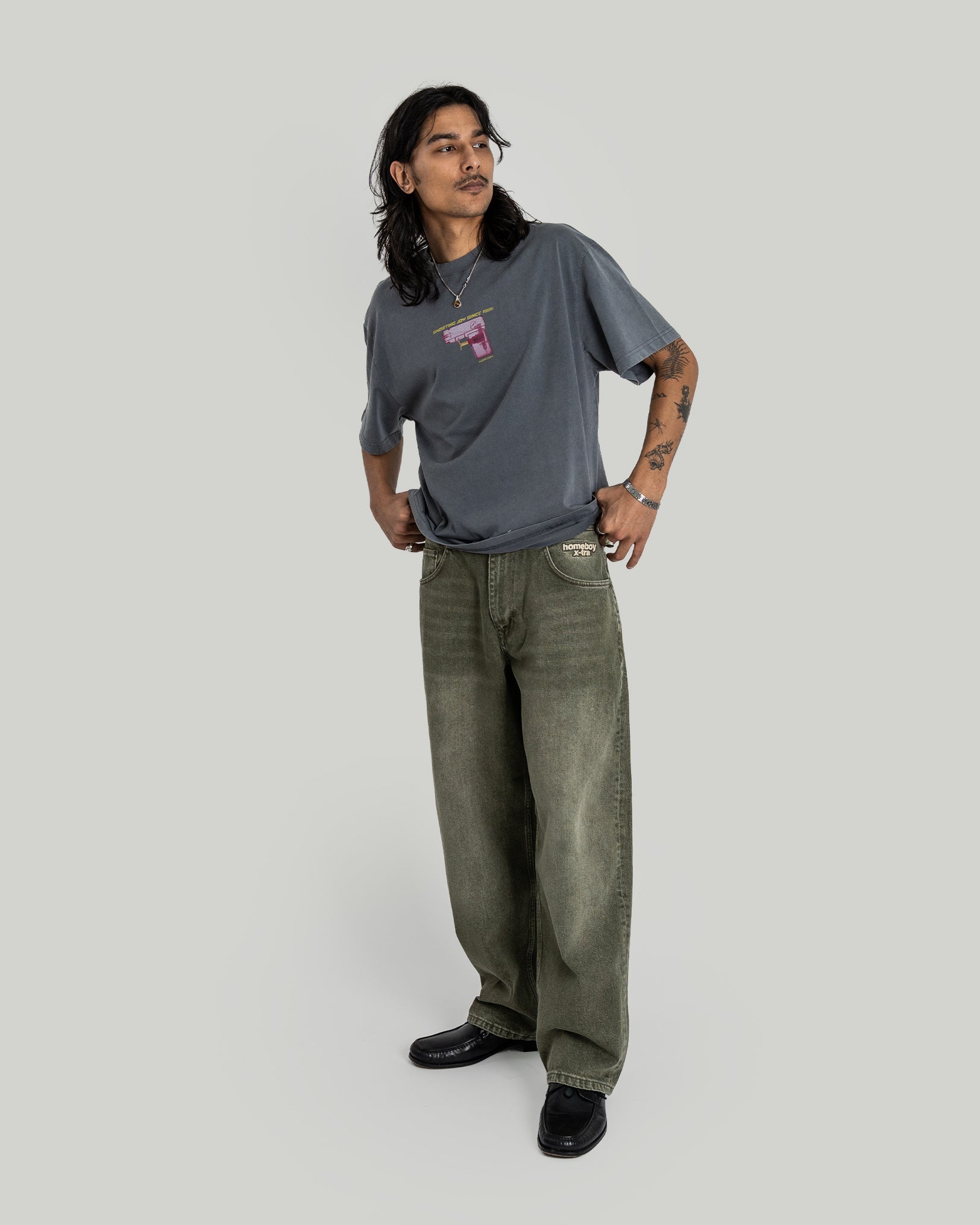 HOMEBOY x-tra BAGGY Dye Denim WASHED GREEN - Straight Baggy Denim
